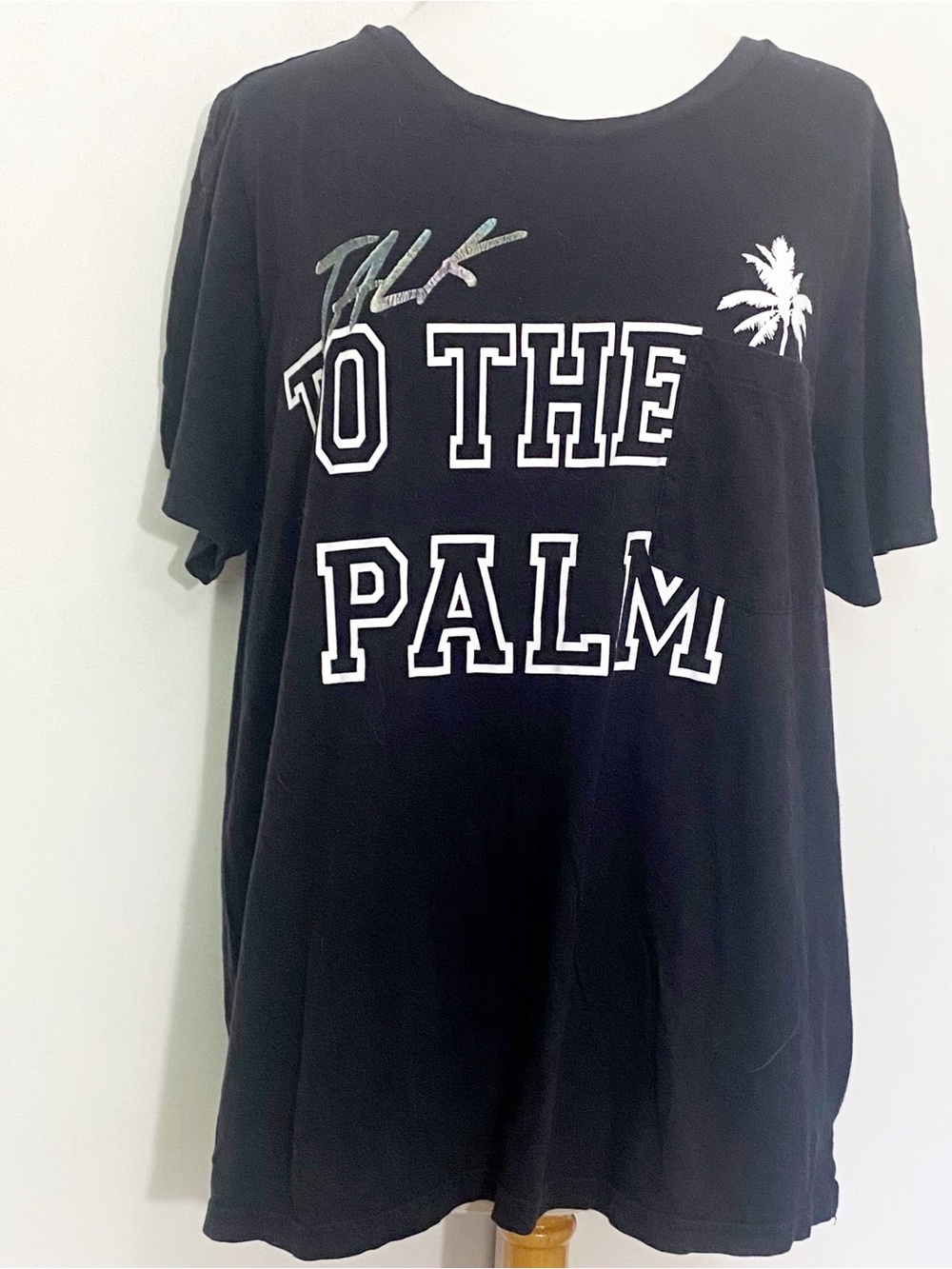 Black 'Talk To The Palm' Graphic Tee with Palm Tree Chest Pocket XXL